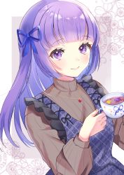 Rule 34 | 1girl, aikatsu! (series), blunt bangs, blush, cup, dress, flower, frilled dress, frills, glint, hair ribbon, highres, hikami sumire, holding, holding cup, jewelry, kowano, long hair, long sleeves, looking at viewer, nail polish, necklace, pinafore dress, purple eyes, purple hair, ribbon, sleeveless dress, smile, solo, steam, sweater, tea, teacup