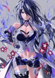Rule 34 | 1girl, absurdres, acheron (honkai: star rail), asymmetrical footwear, bandaged leg, bandages, black choker, black gloves, black shorts, boots, breasts, chain, choker, cleavage, coat, coattails, commentary, detached sleeves, flower, gloves, grey background, hair over one eye, highres, holding, holding sword, holding weapon, honkai: star rail, honkai (series), leg tattoo, long hair, medium breasts, meowmeowgirl, midriff, multicolored hair, navel, purple eyes, purple hair, red flower, scabbard, sheath, sheathed, short shorts, shorts, simple background, single bare shoulder, solo, stomach, streaked hair, sword, tattoo, thigh boots, thigh gap, weapon, white coat
