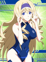 Rule 34 | 1girl, blonde hair, blue eyes, blue hairband, blue leotard, breasts, cecilia alcott, covered navel, cowboy shot, double v, drill hair, green background, hairband, highres, index fingers raised, infinite stratos, kuroda ariake, large breasts, leotard, lolita hairband, long hair, looking at viewer, smile, solo, turtleneck, v
