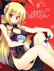 Rule 34 | 1girl, ahoge, ayasaki hayate, blonde hair, blue hair, bow, breasts, character doll, china dress, chinese clothes, cleavage, dress, drill hair, folded fan, folding fan, hair bow, hand fan, happy birthday, hayate no gotoku!, highres, hoppege, large breasts, legs, long hair, o o, red eyes, solo, tennousu athena, thighs, twin drills, twintails
