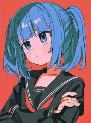 Rule 34 | 1girl, black sailor collar, black shirt, blue eyes, blue hair, blush, closed mouth, crossed arms, frown, head tilt, highres, long sleeves, looking ahead, neckerchief, original, portrait, red background, red neckerchief, sailor collar, school uniform, serafuku, shirt, short hair, short twintails, sidelocks, simple background, solo, twintails, umipi