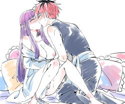 Rule 34 | 1boy, 1girl, 5o, bed, blush, breasts, closed eyes, fern (sousou no frieren), fingering, highres, kiss, large breasts, nipples, panties, panties around leg, purple hair, red hair, sousou no frieren, stark (sousou no frieren), underwear, white background