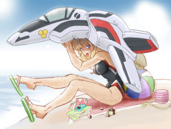 Rule 34 | :p, air pump, aircraft, airplane, ball, beachball, blonde hair, blue eyes, competition swimsuit, digital media player, inflatable raft, kanadarai, macross, macross frontier, mecha, one-piece swimsuit, robot, sheryl nome, sweat, swimsuit, tongue, tongue out, vf-25