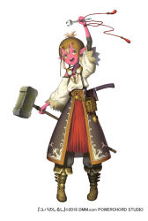 Rule 34 | 1girl, black pants, black skirt, blonde hair, boots, brown footwear, colored skin, full body, goggles, goggles around neck, hammer, horns, knife, looking at viewer, missing tooth, monster girl, official art, pants, pink skin, pointy ears, pouch, red skirt, sheath, sheathed, shirt, simple background, skirt, solo, standing, white background, white shirt, wide sleeves, wrench, yuba no shirushi, zenmaibook