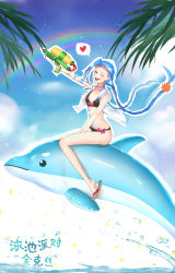 Rule 34 | 1girl, absurdres, bikini, blue hair, braid, dolphin, dymao, highres, inflatable dolphin, inflatable toy, jinx (league of legends), league of legends, pink eyes, rainbow, solo, swimsuit, tattoo, twin braids, wink