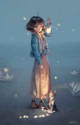 Rule 34 | 1girl, ahoge, arm up, bad id, bad twitter id, blue jacket, blunt bangs, brown eyes, brown footwear, brown hair, cat, closed mouth, fireflies, from side, full body, highres, holding, holding lantern, holding star, jacket, lantern, lizchief, long skirt, long sleeves, looking at viewer, medium hair, original, outdoors, paper boat, scarf, shoes, signature, skirt, solo, standing, star (symbol)