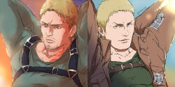 Rule 34 | 1boy, age progression, arms behind head, bara, blonde hair, chest belt, facial hair, goatee stubble, green shirt, highres, isomine, jacket, leather, leather jacket, looking at viewer, looking down, male focus, mature male, mustache stubble, official alternate costume, paradis military uniform, pectorals, reiner braun, sanpaku, serious, shingeki no kyojin, shirt, short hair, smug, split theme, stubble, t-shirt, three-dimensional maneuver gear, toned, toned male, upper body, v-shaped eyebrows