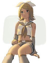 Rule 34 | 1girl, :o, arm at side, arm support, backlighting, belt, black sailor collar, black shorts, blonde hair, blue eyes, blush, breasts, detached sleeves, expressionless, eyes visible through hair, feet out of frame, grey background, hair ornament, hair ribbon, hairclip, hand on lap, kagamine rin, leg warmers, looking at viewer, midriff, musical note, navel, nokuhashi, parted lips, ribbon, sailor collar, shirt, short hair, shorts, shoulder tattoo, simple background, sitting, sleeveless, sleeveless shirt, small breasts, solo, tattoo, treble clef, twitter username, two-tone background, vocaloid, white background, white ribbon, white shirt, yellow ribbon