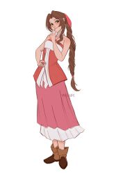 Rule 34 | 1girl, aerith gainsborough, artist name, bare arms, bare shoulders, blush, boots, braid, braided ponytail, breasts, brown footwear, brown hair, dress, final fantasy, final fantasy vii, finger to mouth, full body, green eyes, hair ribbon, halterneck, hand on own hip, highres, kingdom hearts, kingdom hearts ii, long hair, looking at viewer, medium breasts, parted bangs, pink dress, red dress, red ribbon, ribbon, sidelocks, smile, solo, standing, vanekairi, white dress