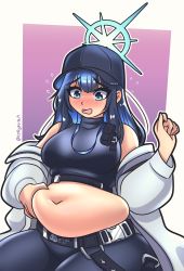 Rule 34 | 1girl, absurdres, bare shoulders, baseball cap, belly, belly grab, belt, black belt, black hat, blue archive, blue eyes, blue hair, blush, breasts, buckle, coat, crop top, deviantart, fat, halo, hat, highres, large breasts, long hair, medium breasts, navel, off shoulder, open mouth, pants, plump, saori (blue archive), sjryker, snap-fit buckle, solo, tank top, thick thighs, thighs, twitter username, weight conscious, weight gain, white coat