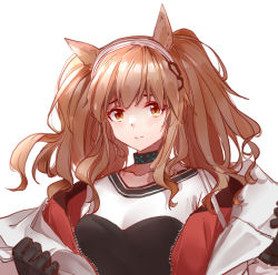 Rule 34 | 1girl, absurdres, angelina (arknights), animal ears, arknights, black choker, black gloves, blush, brown eyes, brown hair, choker, collarbone, commentary request, fox ears, gloves, hairband, highres, jacket, long hair, looking at viewer, off shoulder, open clothes, open jacket, sao7, shirt, simple background, solo, twintails, upper body, white background, white hairband