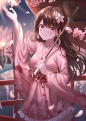 Rule 34 | 1girl, absurdres, blush, brown hair, cherry blossoms, flower, frilled kimono, frills, hair flower, hair ornament, highres, huge filesize, japanese clothes, kimono, long hair, looking at viewer, oil-paper umbrella, original, petals, red eyes, sarin (seoling), smile, straight hair, umbrella, yozakura, yozakura (artist)