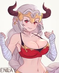 Rule 34 | absurdres, aliza (granblue fantasy), bad id, bad pixiv id, bandages, braid, breasts, cleavage, draph, enlay, glowing, granblue fantasy, grey background, highres, horns, long hair, pointy ears, red eyes, red top, single braid, smile, solo, very long hair, watermark, web address