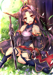Rule 34 | 1girl, ahoge, armor, bare shoulders, blush, boots, breastplate, collarbone, commentary request, detached sleeves, fingerless gloves, gloves, grass, hairband, highres, holding, holding sword, holding weapon, kaisu, leotard, long hair, looking at viewer, open mouth, outdoors, pointy ears, purple armor, purple hair, red eyes, sheath, sitting, smile, solo, sword, sword art online, thigh boots, thighhighs, thighs, tree, weapon, yuuki (sao)