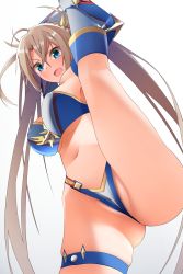 Rule 34 | 1girl, baaad sima, bare shoulders, bikini, blonde hair, blue bikini, blue eyes, blush, bradamante (fate), braid, breasts, cleavage, crown braid, elbow gloves, fate/grand order, fate (series), gloves, hair between eyes, highleg, highres, large breasts, long hair, looking at viewer, navel, open mouth, smile, solo, split, standing, standing on one leg, standing split, swimsuit, thigh strap, thighs, twintails, two-tone bikini, very long hair