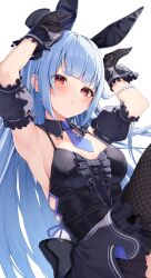 Rule 34 | 1girl, alternate hairstyle, animal ears, armpits, arms up, black bow, black dress, black gloves, black hat, black sleeves, black thighhighs, blue hair, blue necktie, blunt bangs, blush, bow, breasts, cleavage, closed mouth, commentary, detached collar, detached sleeves, dress, dress bow, fake animal ears, fishnet thighhighs, fishnets, gloves, hat, highres, hikimayu, hololive, huge bow, knee up, long hair, looking at viewer, medium breasts, mini hat, mini top hat, necktie, puffy short sleeves, puffy sleeves, pursed lips, rabbit ears, rabbit pose, red eyes, short eyebrows, short necktie, short sleeves, sideboob, simple background, solo, symbol-shaped pupils, thick eyebrows, thighhighs, tilted headwear, top hat, tyabesu, usada pekora, usada pekora (furi furi bunny dress), very long hair, virtual youtuber, white background, wrist cuffs