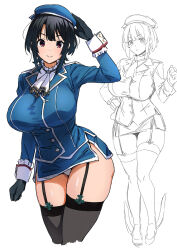 Rule 34 | 1girl, ascot, beret, black gloves, black hair, black thighhighs, blue hat, blue jacket, blue skirt, breasts, closed mouth, garter straps, gloves, hand on headwear, hat, highres, jacket, kantai collection, large breasts, long sleeves, looking at viewer, microskirt, mikemono yuu, military uniform, multiple views, panties, panty peek, red eyes, short hair with long locks, simple background, skirt, solo, standing, takao (kancolle), thighhighs, thighs, underwear, uniform, white ascot, white background, white panties