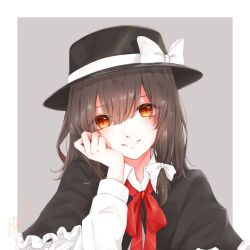 Rule 34 | 1girl, black capelet, black hat, bow, brown eyes, capelet, eyes visible through hair, grey background, grin, hair between eyes, hand on own face, hat, hat bow, highres, long hair, long sleeves, looking at viewer, miyuna, smile, solo, teeth, touhou, upper body, usami renko, white bow