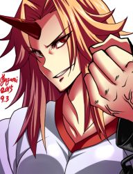 Rule 34 | 1girl, blonde hair, breasts, clenched hand, horns, hoshiguma yuugi, long hair, portrait, red eyes, simple background, single horn, solo, touhou, upper body, veins, yagami (mukage)