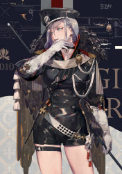 Rule 34 | 1girl, aiguillette, alternate costume, belt, black hat, black neckwear, blue eyes, breasts, cape, character name, choker, cloak, contrapposto, cowboy shot, elbow gloves, epaulettes, finger to mouth, girls&#039; frontline, gloves, green eyes, grey hair, hat, holding, large breasts, leotard, looking away, looking to the side, mg5 (girls&#039; frontline), military, military hat, military uniform, mouth hold, panties, parted lips, peaked cap, rei (sanbonzakura), short hair, solo, standing, tassel, teeth, thigh strap, thighs, tsurime, underwear, uniform, white gloves, white panties