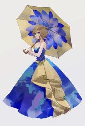 Rule 34 | 1girl, absurdres, bare shoulders, blue dress, blue eyes, blue flower, breasts, brown hair, collarbone, commentary, dress, dress flower, english commentary, flower, grey background, hair between eyes, hana (h6n6 matsu), hands up, highres, holding, holding umbrella, lace, lace-trimmed dress, lace trim, looking at viewer, off-shoulder dress, off shoulder, original, parted lips, short hair, sideways glance, simple background, sleeveless, small breasts, solo, umbrella