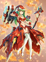 Rule 34 | 1girl, armor, boots, breasts, cleavage, commentary request, gloves, green hair, hair between eyes, headgear, highres, holding, holding weapon, long hair, looking at viewer, mecha, mecha musume, medium breasts, navel, original, pinakes, robot, salute, shoulder armor, snowflakes, solo, thigh boots, thighhighs, weapon, yellow eyes