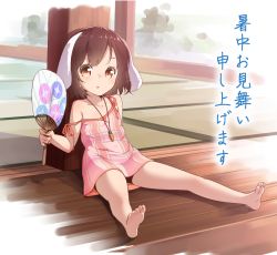 Rule 34 | 1girl, alternate costume, animal ears, barefoot, blush, brown hair, rabbit ears, carrot, carrot necklace, hand fan, feet, inaba tewi, jewelry, looking at viewer, necklace, ninnzinn, paper fan, red eyes, sitting, soles, solo, strap slip, toes, touhou, translated, uchiwa