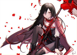Rule 34 | 1girl, alternate hair length, alternate hairstyle, arm support, black hair, black skirt, black thighhighs, breasts, cape, cleavage, ecru, floating hair, floral print, grey eyes, hair between eyes, holding, holding scythe, long hair, medium breasts, miniskirt, parted lips, petals, print thighhighs, red cape, rose petals, rose print, ruby rose, rwby, scythe, simple background, sitting, skirt, solo, thighhighs, very long hair, white background, zettai ryouiki
