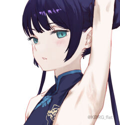 Rule 34 | 1girl, aqua eyes, arm up, armpits, bare arms, bare shoulders, blue archive, blue hair, blush, china dress, chinese clothes, close-up, dress, expressionless, hair bun, kbrg, kisaki (blue archive), looking at viewer, parted lips, portrait, simple background, solo, white background