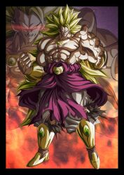 1boy abs broly_(dragon_ball_z) clenched_hand commentary_request dragon_ball evil_grin evil_smile grin highres long_hair muscular muscular_male pants pectorals smile solo suigetu26 super_saiyan super_saiyan_3 topless_male torn torn_clothes white_pants yellow_footwear