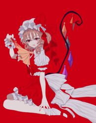 Rule 34 | 1girl, absurdres, blonde hair, blood, blood from mouth, blood on clothes, bow, commentary, crystal, drill hair, flandre scarlet, frilled skirt, frilled sleeves, frills, full body, hand up, hat, hat bow, highres, holding ascot, long hair, looking at viewer, mary janes, mob cap, open clothes, open vest, puffy short sleeves, puffy sleeves, red background, red bow, red eyes, red footwear, red nails, red skirt, red vest, shirt, shoes, short sleeves, simple background, sitting, skirt, socks, solo, touhou, vest, white shirt, white socks, yokozuwari, zabu rou