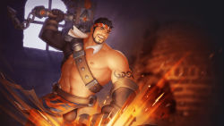 Rule 34 | 1boy, abs, artist request, asymmetrical sleeves, bara, bare pectorals, beard, black hair, blacksmith, bulge, check artist, chest hair, clothes lift, embers, closed eyes, facial hair, fire, gyee, headband, highres, holding, holding mallet, igote, large pectorals, leg hair, male focus, mallet, mature male, mr.bread, muscular, muscular male, navel, navel hair, nipples, official art, official wallpaper, pectorals, pelvic curtain, pelvic curtain lift, short hair, sig (gyee), smile, solo, stomach, thick thighs, thighs, towel, towel around neck, uneven sleeves, wind