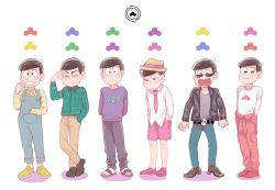 Rule 34 | 10s, 6+boys, :&lt;, :3, arms behind back, bad id, bad twitter id, belt, bowl cut, brothers, brown hair, clothes around waist, cosplay, costume switch, denim, full body, glasses, hand in pocket, hands in pockets, hat, heart, heart in mouth, jacket, jeans, jumpsuit, leather, leather jacket, lineup, long sleeves, looking down, male focus, matsuno choromatsu, matsuno choromatsu (cosplay), matsuno ichimatsu, matsuno ichimatsu (cosplay), matsuno jyushimatsu, matsuno jyushimatsu (cosplay), matsuno karamatsu, matsuno karamatsu (cosplay), matsuno osomatsu, matsuno osomatsu (cosplay), matsuno todomatsu, matsuno todomatsu (cosplay), messy hair, multiple boys, necktie, osomatsu-kun, osomatsu-san, osomatsu (series), overalls, pants, pink necktie, pink shorts, plaid, plaid shirt, porkpie hat, saju, sandals, sextuplets, shirt, shorts, siblings, sleeves rolled up, smile, sunglasses, sweater, tied sleeves, white background