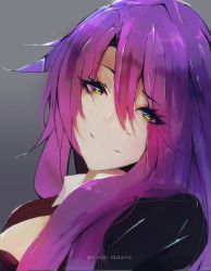 Rule 34 | 1girl, absurdres, aoi ogata, artist name, black jacket, breasts, closed eyes, collared shirt, eyelashes, eyes visible through hair, female focus, grey background, head tilt, highres, jacket, long hair, long sleeves, looking at viewer, necktie, original, portrait, purple hair, shirt, simple background, smile, solo, white shirt, yellow eyes