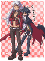 Rule 34 | &gt; &lt;, 2boys, black hair, cape, check translation, checkered background, closed eyes, disgaea, fang, fenrich, fenrich (disgaea), fingerless gloves, gloves, hugging another&#039;s tail, long hair, makai senki disgaea 4, male focus, multiple boys, open mouth, pointy ears, short hair, sweatdrop, tail, hugging tail, translated, translation request, valvatorez (disgaea), white hair, wolf tail, yellow eyes, yu (kaburimono ex)