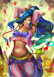 Rule 34 | 1girl, anklet, arabian clothes, barefoot, bikini, bikini top only, blue hair, circlet, coin, dark-skinned female, dark skin, detached sleeves, holding with feet, gold, harem pants, highres, jewelry, long hair, lots of jewelry, midriff, narongchai singhapand, navel, necklace, oil lamp, original, pants, solo, swimsuit, traditional clothes, treasure, veil, vest