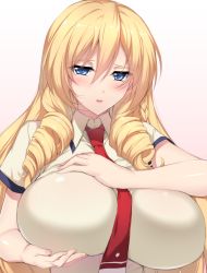 Rule 34 | 1girl, between breasts, blonde hair, blue eyes, blush, breasts, busou shoujo machiavellism, commentary request, drill hair, gradient background, hair between eyes, hands on own chest, kikakujou mary, large breasts, long hair, looking at viewer, minamon (vittel221), nail polish, necktie, necktie between breasts, parted lips, pink nails, red necktie, school uniform, short sleeves, solo, upper body