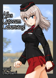 Rule 34 | 1girl, black border, black hat, black jacket, blue eyes, blue sky, blurry, blurry background, border, character name, clenched hands, closed mouth, cloud, cloudy sky, commentary, cowboy shot, dated, day, dress shirt, emblem, from side, frown, garrison cap, german text, girls und panzer, hat, insignia, itsumi erika, jacket, kuromorimine (emblem), kuromorimine military uniform, long sleeves, looking at viewer, medium hair, military, military hat, military uniform, military vehicle, miniskirt, motor vehicle, oosaka kanagawa, outdoors, pleated skirt, red shirt, red skirt, shirt, silver hair, skirt, sky, solo, standing, tank, tiger ii, translated, uniform, wing collar