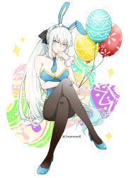 Rule 34 | 1girl, animal ears, balloon, blue eyes, breasts, cleavage, crossed legs, detached collar, easter, easter egg, egg, fate/grand order, fate (series), grey hair, haji1nomo, highres, holding, holding balloon, large breasts, leotard, morgan le fay (fate), necktie, pantyhose, playboy bunny, ponytail, rabbit ears, solo, twitter username, wrist cuffs