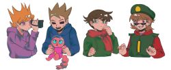 4boys anger_vein animal antenna_hair blue_hoodie brown_hair camera cat closed_mouth cropped_torso drawstring edd_(eddsworld) eddsworld fangs fingernails frown green_eyes green_hat green_hoodie grin hair_behind_ear hand_in_pocket hand_on_own_cheek hand_on_own_face hands_up hashtag-only_commentary hat helmet highres holding holding_animal holding_camera holding_cat hollow_eyes hood hood_down hoodie looking_to_the_side male_focus matt_(eddsworld) multiple_boys open_mouth orange_hair pink_cat purple_eyes purple_hoodie red_eyes red_hoodie red_scarf scarf short_hair simple_background smile space_helmet sunglasses teeth tom_(eddsworld) tongue tord_(eddsworld) whalebone_(muffinsuki) white_background