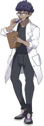 Rule 34 | 1boy, aged up, beard, black hair, black shirt, bright pupils, clipboard, closed mouth, creatures (company), facial hair, full body, game freak, grey pants, highres, holding, holding clipboard, hop (pokemon), lab coat, male focus, nintendo, pants, pen, pen to mouth, pokemon, pokemon swsh, sgrimp, shirt, shoes, simple background, smile, sneakers, solo, sweatpants, white background, yellow eyes