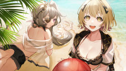 Rule 34 | 2girls, :d, alchemy stars, ball, beach, beachball, bikini, bikini under clothes, black bikini, blonde hair, brown eyes, collarbone, commentary request, day, eicy (alchemy stars), eyepatch, frilled bikini, frills, grey hair, hair ornament, highres, holding, holding ball, hood, hood down, looking at viewer, looking back, lying, multiple girls, official alternate costume, official art, on ground, on stomach, open mouth, outdoors, parted lips, purple eyes, sand, see-through, shirt, short sleeves, smile, swimsuit, swimsuit cover-up, teeth, transparent, upper teeth only, vice (alchemy stars), water, white shirt, yuu (higashi no penguin)