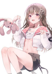 Rule 34 | 1girl, :d, black footwear, black shorts, blush, breasts, brown hair, camisole, collarbone, commentary, crop top, cropped jacket, feet out of frame, holding, holding stuffed toy, jacket, long hair, long sleeves, midorikawa you, mole, mole under eye, multicolored hair, navel, open clothes, open jacket, open mouth, original, pink hair, puffy long sleeves, puffy sleeves, red eyes, shoes, short shorts, shorts, simple background, sleeves past wrists, small breasts, smile, solo, stuffed animal, stuffed rabbit, stuffed toy, symbol-only commentary, two-tone hair, underboob, very long hair, virtual youtuber, white background, white camisole, white jacket