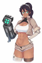 Rule 34 | 1girl, abs, alex (nobodybutalex), alternate universe, black hair, black panties, borrowed character, breasts, cleavage, cleavage cutout, clenched hand, clothing cutout, colette (psuede), cyborg, dark-skinned female, dark skin, glasses, green eyes, hair between eyes, hand on own hip, highres, looking to the side, mechanical arms, mechanical legs, medium breasts, midriff, navel, open fly, original, oversized forearms, oversized limbs, panties, popped collar, ringed eyes, scar, semi-rimless eyewear, short ponytail, short shorts, shorts, single mechanical leg, single thighhigh, solo, sports bra, thighhighs, under-rim eyewear, underwear, vest, white background