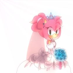 Rule 34 | 1girl, amy rose, artist request, blush, dress, looking at viewer, simple background, sonic (series), wedding dress