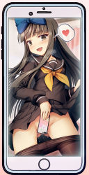 Rule 34 | 1girl, black pantyhose, black sailor collar, black serafuku, blue bow, blush, bow, brown eyes, brown hair, cellphone, chima q, clothes pull, collarbone, fairy, fairy wings, groin, hair bow, heart, highres, holding, holding phone, iphone, long hair, long sleeves, neckerchief, no panties, open mouth, pantyhose, pantyhose pull, phone, pussy juice, sailor collar, school uniform, serafuku, smartphone, smile, solo, spoken heart, star sapphire, touhou, wings, yellow neckerchief