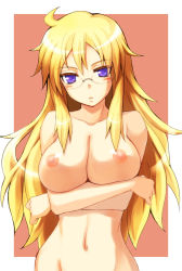 Rule 34 | 10s, 1girl, bad id, bad pixiv id, ben-tou, blonde hair, blue eyes, breast hold, breast lift, breasts, crossed arms, glasses, groin, large breasts, long hair, navel, nipples, nogi yasuhito, nude, out-of-frame censoring, revision, shaga ayame, simple background, solo