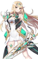 Rule 34 | 1girl, aegis sword (xenoblade), bare legs, bare shoulders, blonde hair, breasts, chest jewel, cleavage, cleavage cutout, clothing cutout, dress, earrings, elbow gloves, gloves, highres, jewelry, large breasts, long hair, mythra (xenoblade), shinae, short dress, solo, swept bangs, thigh strap, tiara, very long hair, white dress, white gloves, xenoblade chronicles (series), xenoblade chronicles 2, yellow eyes