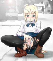 Rule 34 | 00s, 1girl, after vaginal, aftersex, arm support, artoria pendragon (all), artoria pendragon (fate), black pantyhose, blonde hair, blouse, blush, censored, clothing aside, cum, cum in pussy, cumdrip, day, exhibitionism, fate/stay night, fate (series), female masturbation, fingering, fujiwara shun&#039;ichi, green panties, leaning back, lens flare, long sleeves, masturbation, mosaic censoring, panties, panties aside, pantyhose, presenting, public indecency, pussy, pussy juice, pussy juice trail, saber (fate), shirt, solo, spread legs, spread pussy, squatting, striped clothes, striped panties, torn clothes, torn pantyhose, underwear