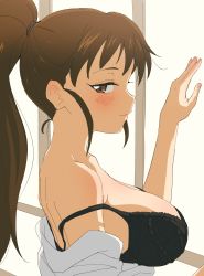 Rule 34 | 1girl, aged up, black bra, blush, bra, breasts, brown eyes, brown hair, closed mouth, collarbone, hand up, high ponytail, highres, large breasts, long hair, looking at viewer, mature female, open clothes, ponytail, shirt, sincos, solo, taneshima popura, underwear, upper body, very long hair, white shirt, working!!